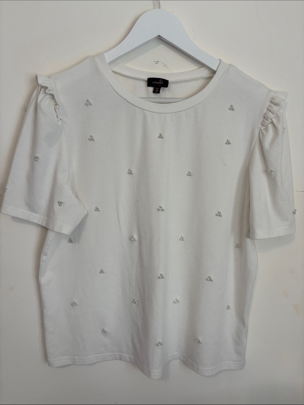 On twelfth White Short Sleeve Tee with Bead Embellishments